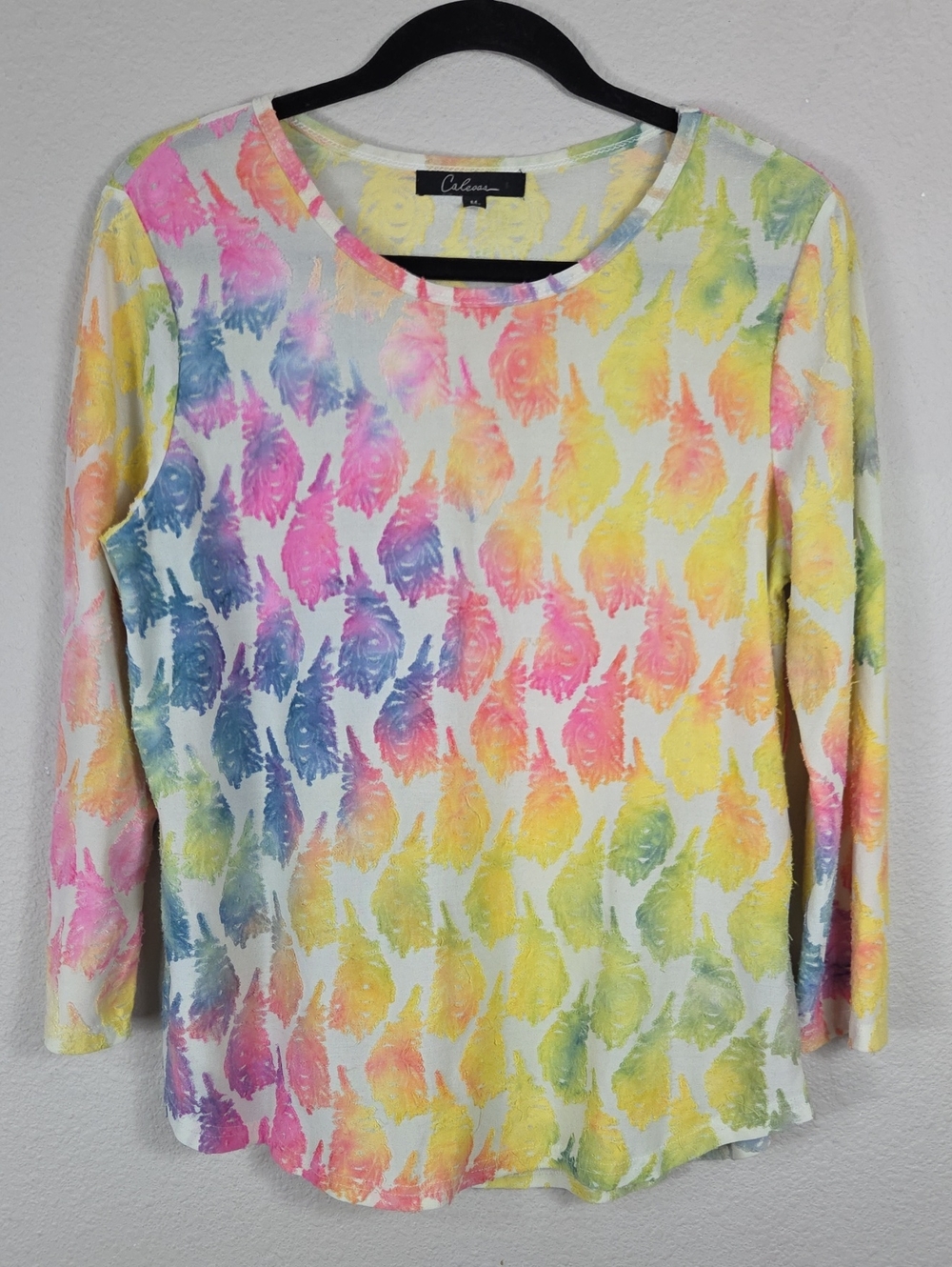Calessa Sheer Textured Floral Top Medium Multicolor Pastel Long Sleeve Artsy
